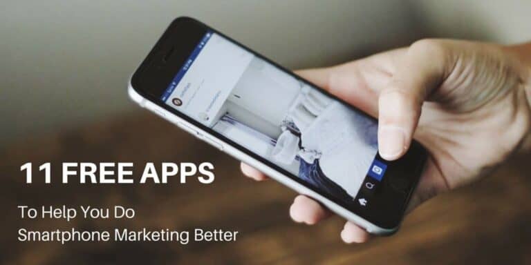 Hand holding an iPhone using Instagram with text overlay: 11 free app to help you do smartphone marketing better.|YouTube Capture App Icon|Tweetbot App Icon|Adobe Spark Video App Icon|Adobe Spark Post App Icon|Adobe Spark Page App Icon|Snapguide App Icon|Snapchat App Icon|Periscope App Icon|MailChimp App Icon|Instagram App Icon|Feedly App Icon|Buffer App Icon