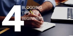 4 blogging tips for beginners overlaid over man writing on a notepad with laptop in the background.|HubSpot monthly traffic chart for number of blog posts.