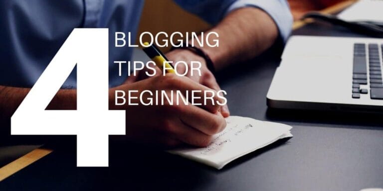4 blogging tips for beginners overlaid over man writing on a notepad with laptop in the background.|HubSpot monthly traffic chart for number of blog posts.