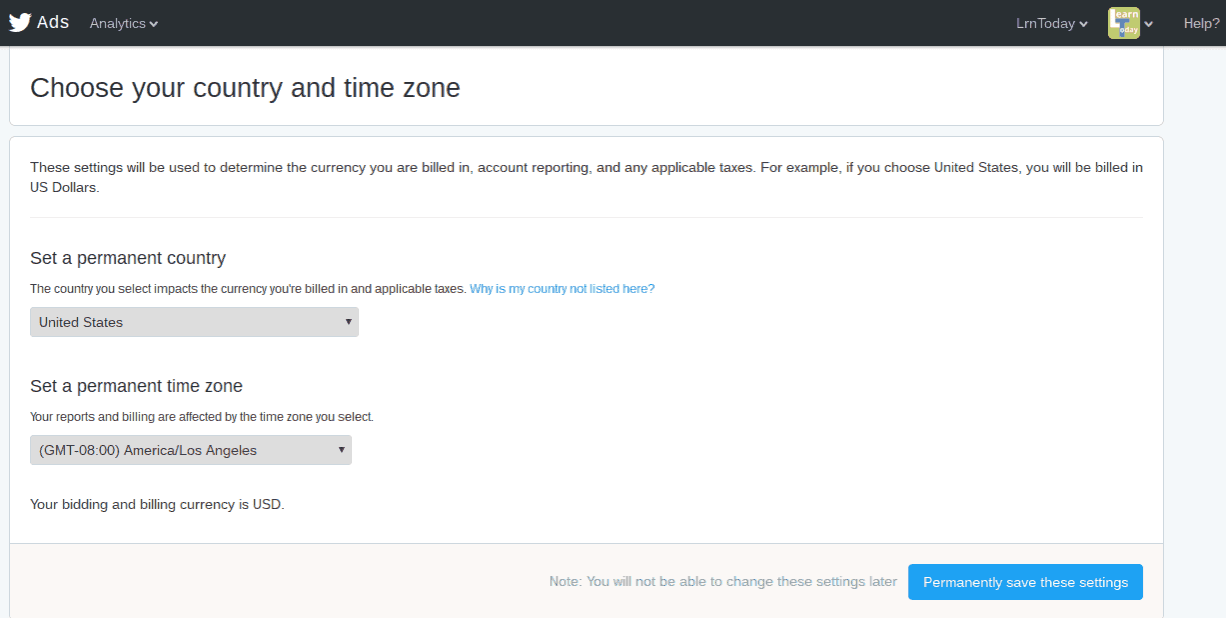 Choose country and time zone for Twitter ads.