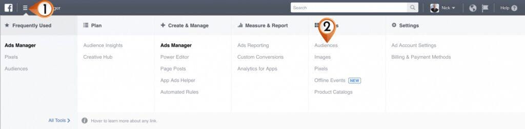 Facebook ad menu select audience option