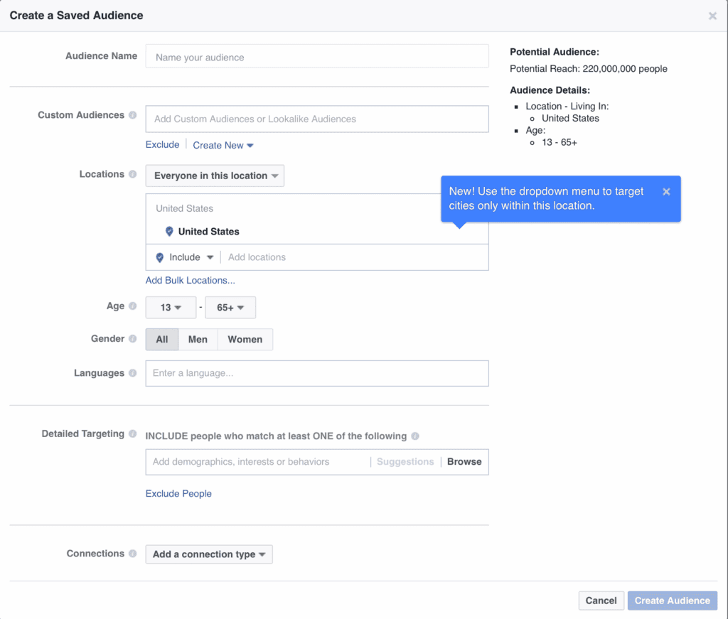 Facebook saved audience window