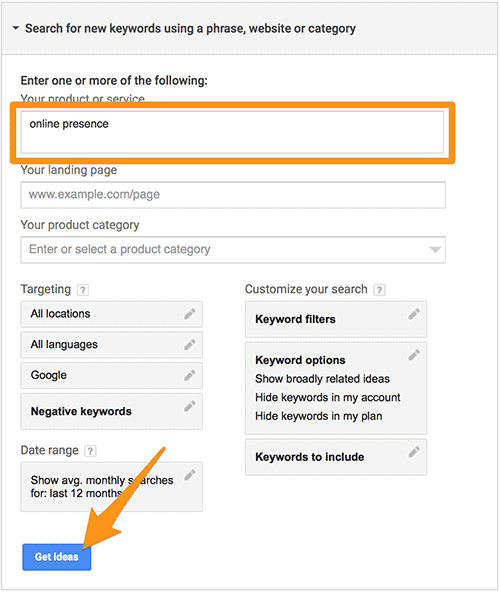 Google AdWords Keyword Planner Get Ideas Search