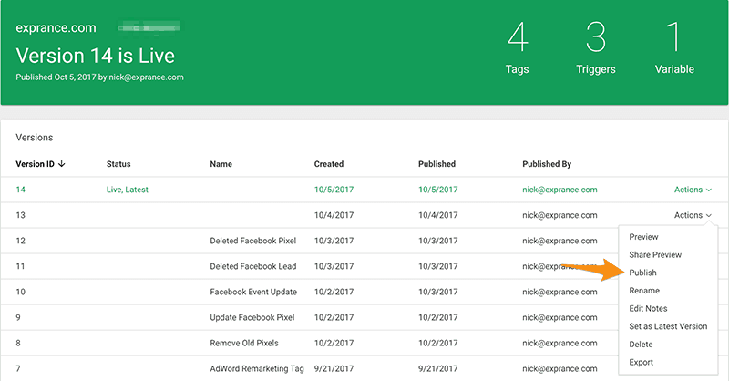 Google Tag Manager Version Control