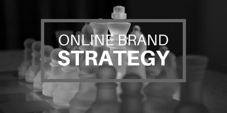 Chess pieces in the background with text overlay "Online Brand Strategy." Online brand design with content marketing.
