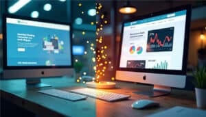 Two computer monitors on a desk with a keyboard and mouse