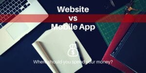 Website vs Mobile App: Where should you spend your money? Laptop sitting on a table with graph paper also.|Monthly Usage of App vs Mobile Web graph showing 89% app use vs 11% mobile web use.