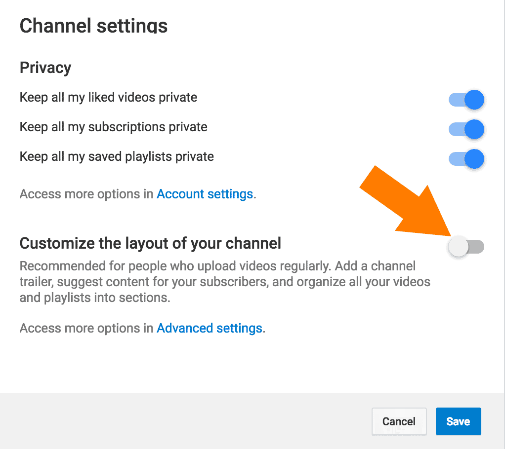 YouTube Channel Settings Screen