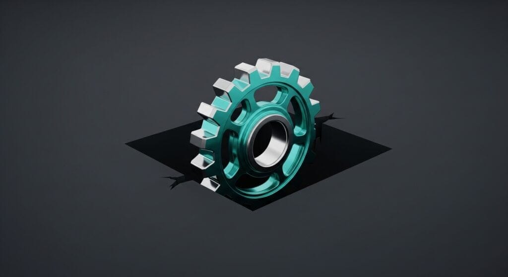 A beautiful, unique-looking gear (representing the business's brand) that simply won't fit into a square hole (representing the website builder template). This visually explains the "branding is way off" concept.