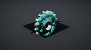 A green gear wheel on a black background.