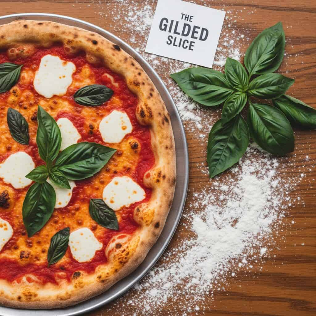 A high-quality, artfully shot photo of one of "The Gilded Slice's" pizzas. Maybe a top-down shot on a rustic wooden surface, with ingredients like fresh basil and flour scattered around. This image should scream "quality" and "artisanal," reinforcing what the custom design achieved.