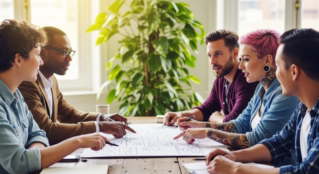 A diverse group of business professionals collaboratively planning on a large paper at a table, representing the local partnership between a business owner and a web designer.