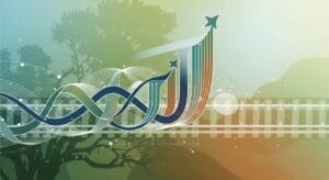 Abstract digital network with intertwined lines and geometric shapes in green, blue, and earth tones, subtly incorporating elements inspired by Roseville's oak trees and railroad tracks, representing growth and connectivity.