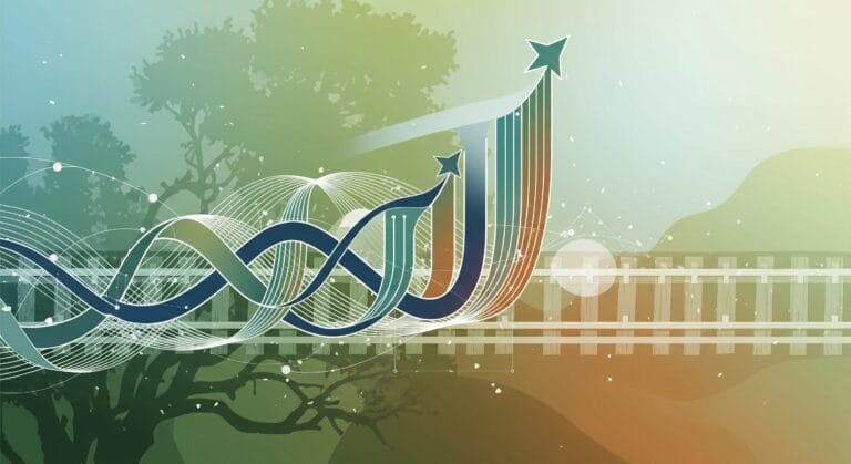 Abstract digital network with intertwined lines and geometric shapes in green, blue, and earth tones, subtly incorporating elements inspired by Roseville's oak trees and railroad tracks, representing growth and connectivity.