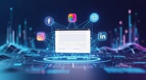 A digital illustration showing a business website in the center with interconnected social media icons like Facebook, Instagram, and LinkedIn orbiting it, symbolizing their synergy for business growth.