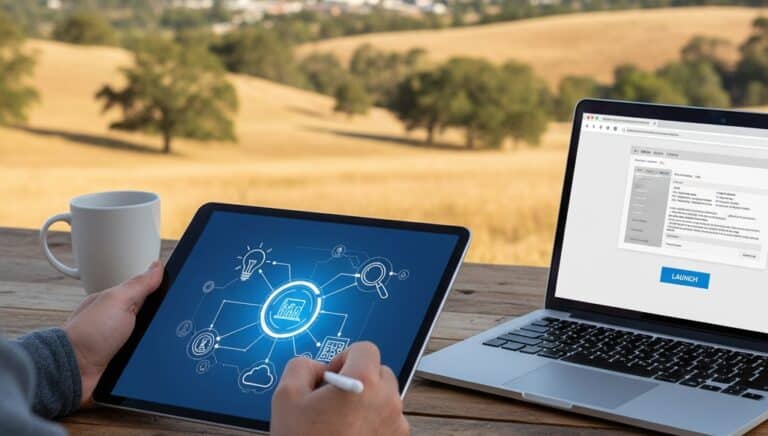 Desktop computer and tablet on a desk overlooking a Placer County landscape, symbolizing the idea-to-launch process for a new business website.
