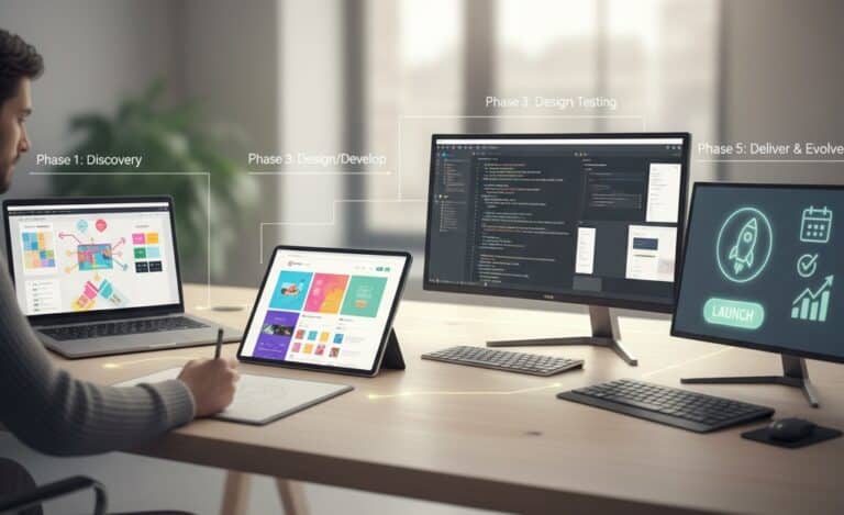 A modern office desk showing a developer working on a custom WordPress website, with screens illustrating the 5-step process: Discovery, Planning, Design/Develop, Testing, and Deliver/Evolve. The image highlights strategy, UI/UX design, code, and a launch countdown, symbolizing a structured web development journey.