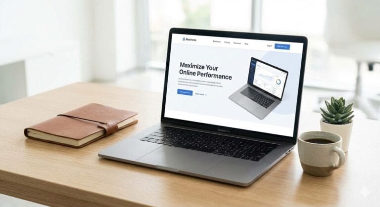 A minimalist, high-end desk setup featuring a MacBook displaying a professional business website, symbolizing fast-loading performance and successful web design.