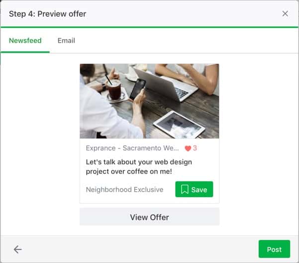Previewing a Nextdoor Offer in the newsfeed before posting.