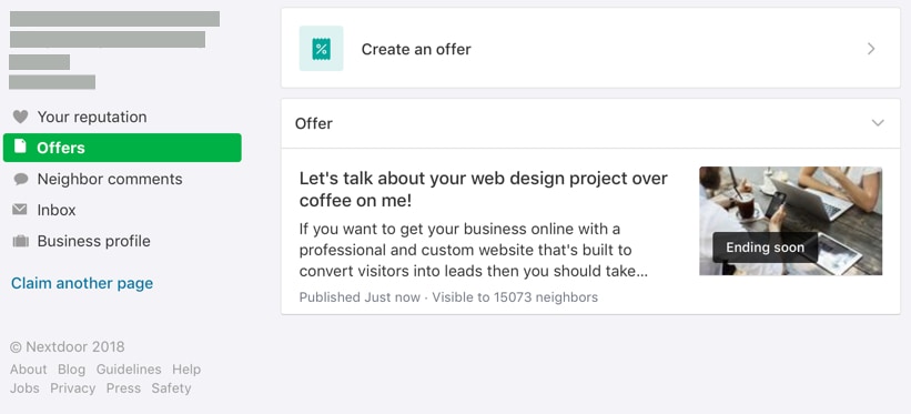 An offer in the Nextdoor Business Page Offers tab.