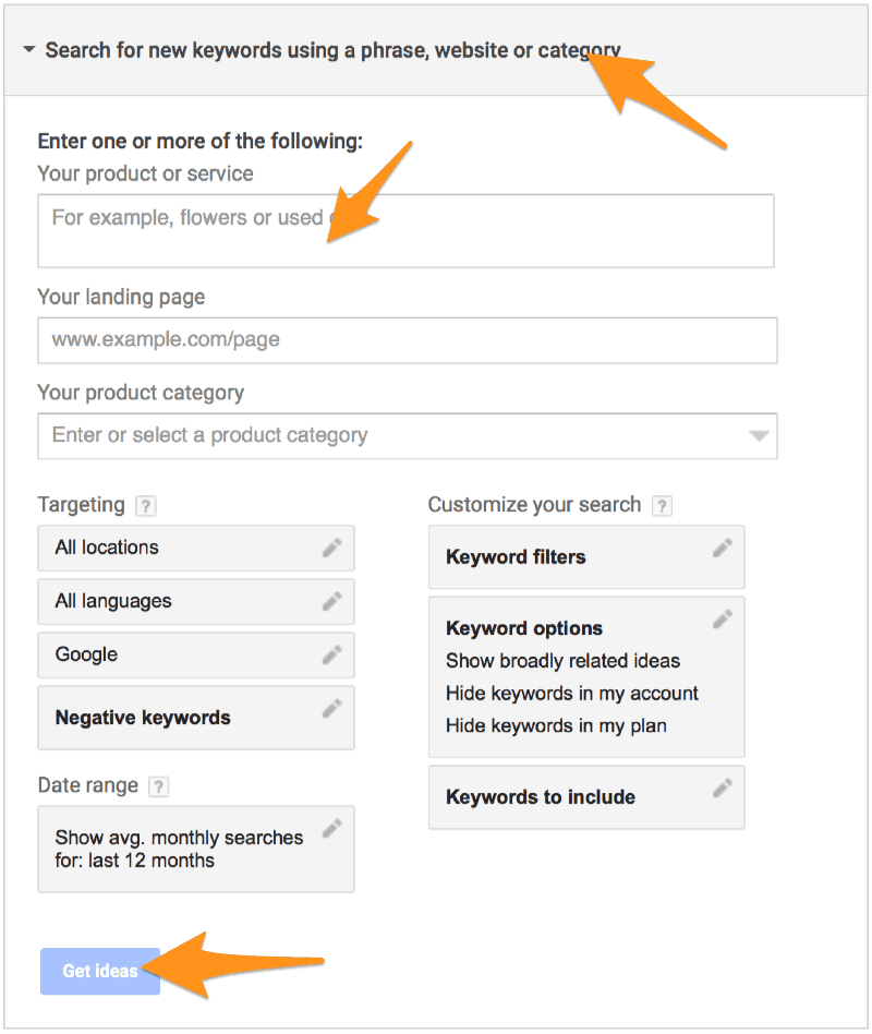 Google AdWords Keyword Planner Get Ideas