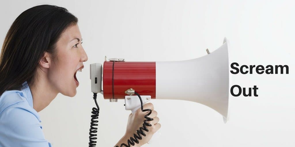 Woman yelling into megaphone: Scream Out
